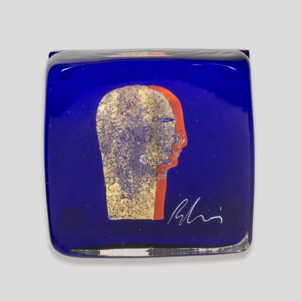 Silvio Vigliaturo Signed Murano Cobalt Blue Glass Block Sculpture with Gold Leaf Profile
