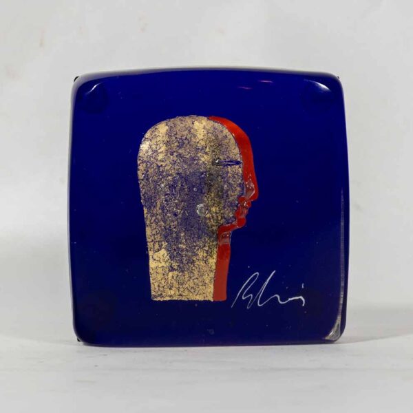 Silvio Vigliaturo Signed Murano Cobalt Blue Glass Block Sculpture with Gold Leaf Profile