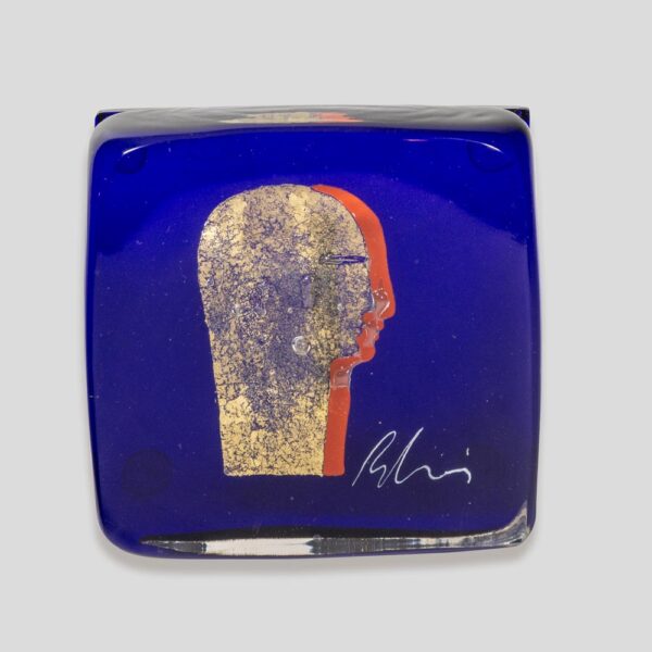 Silvio Vigliaturo Signed Murano Cobalt Blue Glass Block Sculpture with Gold Leaf Profile