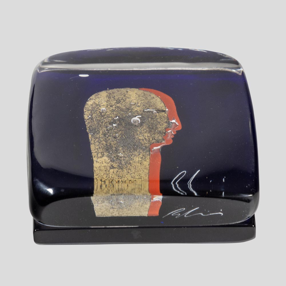 Silvio Vigliaturo Signed Murano Cobalt Blue Glass Block Sculpture with Gold Leaf Profile-FM2558 (8)