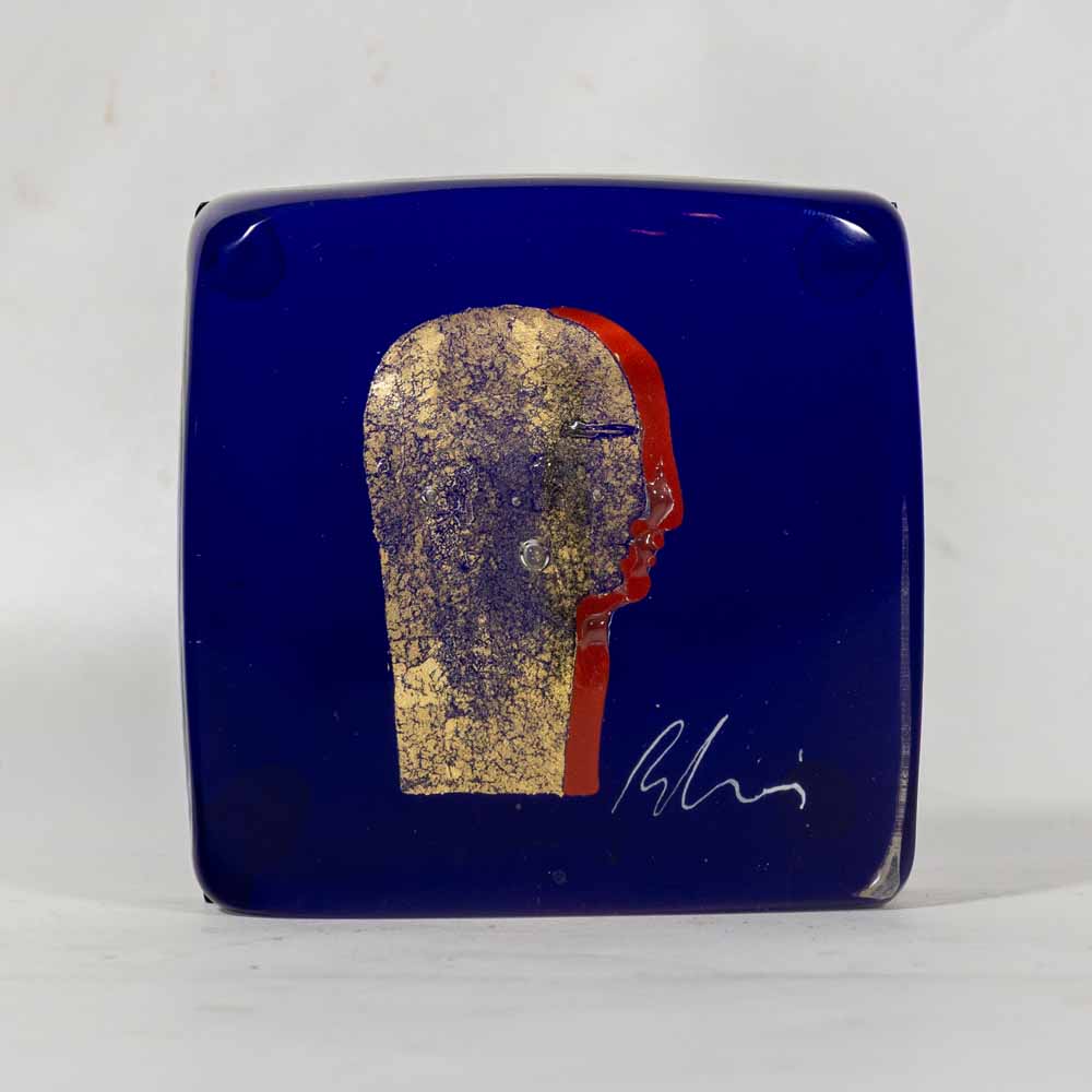Silvio Vigliaturo Signed Murano Cobalt Blue Glass Block Sculpture with Gold Leaf Profile-FM2558