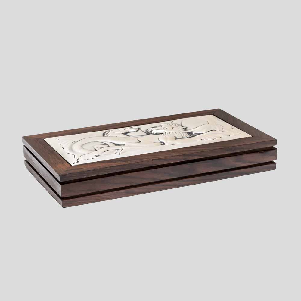 1970s wooden box with dragon & horse decor by Ottaviani-FM2457