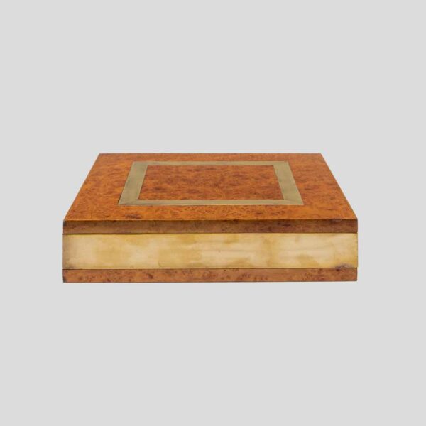 Large Elm Burl Wood and Brass Inlaid Lidded Box by Romeo Rega