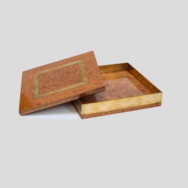 Large Elm Burl Wood and Brass Inlaid Lidded Box by Romeo Rega