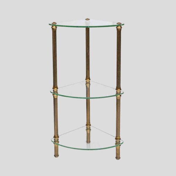 Vintage Italian 3 tier glass and brass quarter shape side table