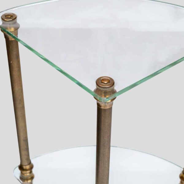 Vintage Italian 3 tier glass and brass quarter shape side table