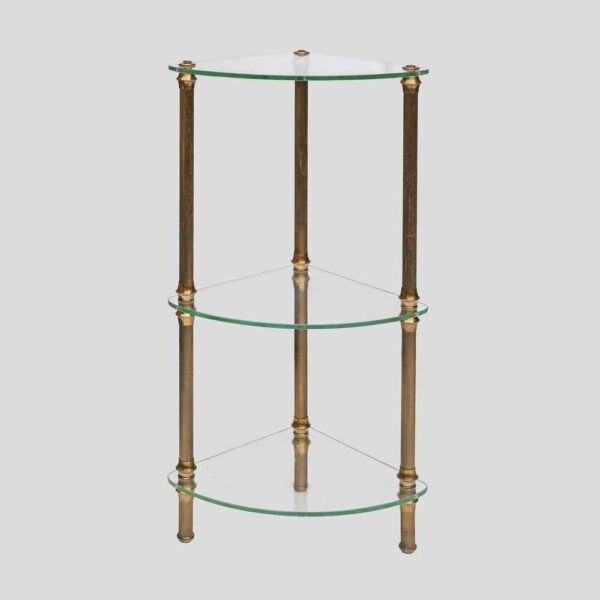 Vintage Italian 3 tier glass and brass quarter shape side table
