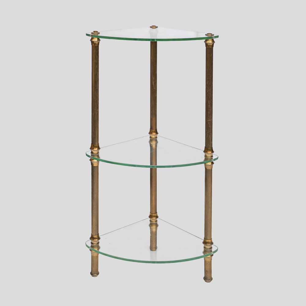 Vintage Italian 3 tier glass and brass quarter shape side table-FM2514