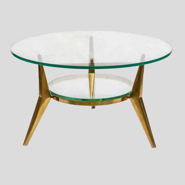 Vintage round double layers brass and glass table school of Gio Ponti