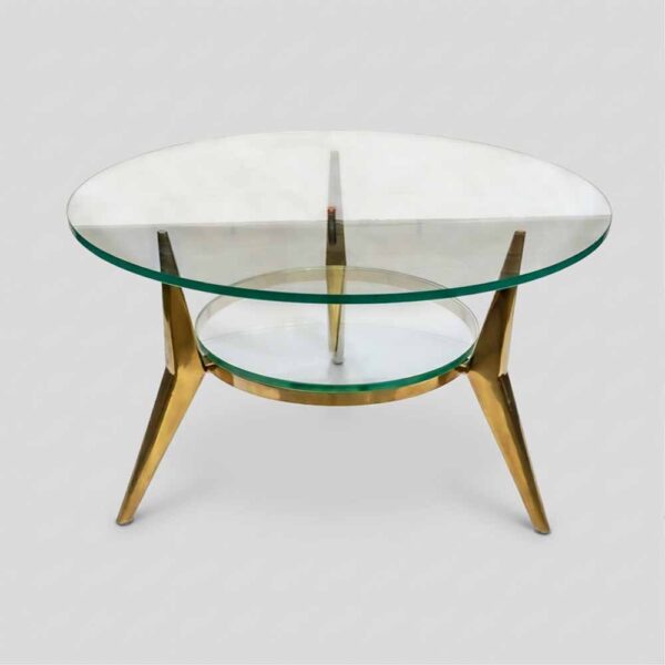Vintage round double layers brass and glass table school of Gio Ponti